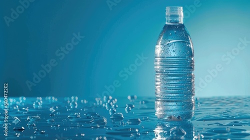 Transparent water bottle with condensation on blue surface. photo
