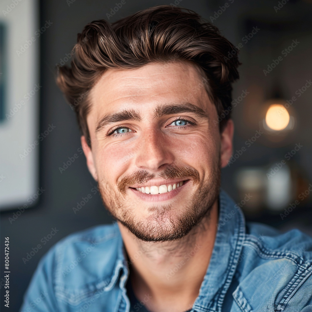 Professional Close-up headshot of a handsome, relaxed man with piercing eyes dressed in casual, denim and smiling directly into the camera Professional Close-up headshot of a handsome, relaxed man with piercing eyes dressed in casual, denim and smiling directly into the camera