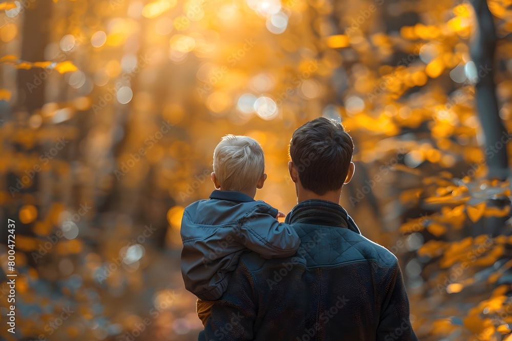 father holding his child with autumn trees in the background, back view father holding his child with autumn trees in the background, back view