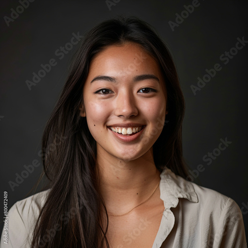 Professional up close headshot of a young, fresh faced girl wearing netural tones and smiling at the camera photo