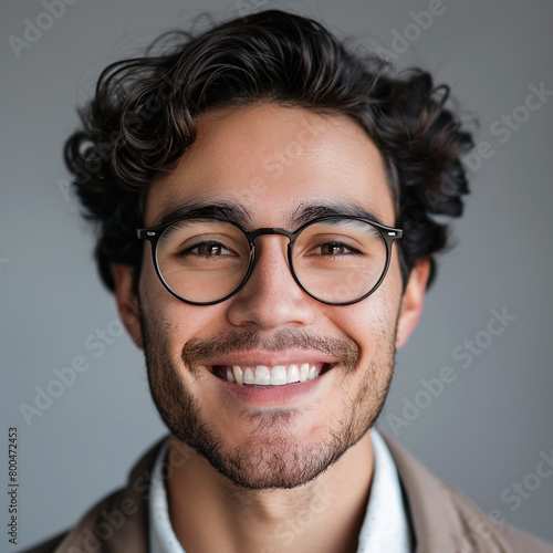 Close-up professional headshot portrait of a young caucasian man with curly brown hair, glasses, brown eyes and a big smile. 