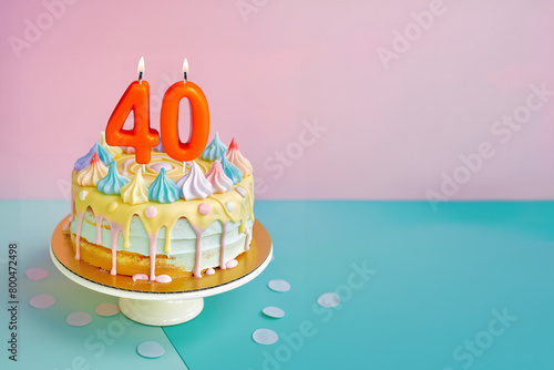 40th birthday cake celebrating 40 years on an isolated, colorful pastel background.