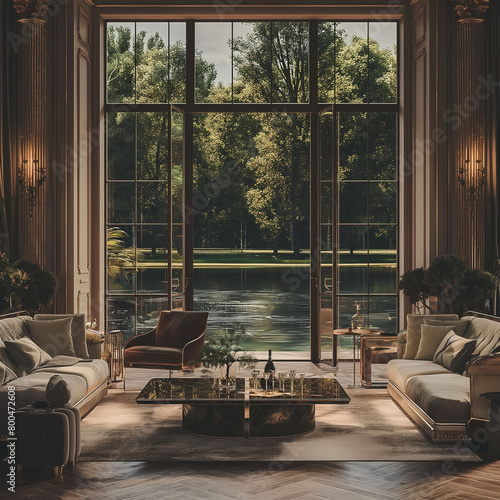 Ultimate dream cottage space, with floor to ceiling windows showcasing a private pool and pond views from a cozy, luxurious livingroom 