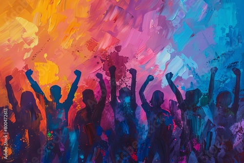 Artistic depiction of people with clenched fists in a variety of colors on canvas, symbolizing the strength of unity and solidarity in the face of adversity photo