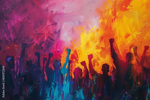 Artistic depiction of people with clenched fists in a variety of colors on canvas, symbolizing the strength of unity and solidarity in the face of adversity