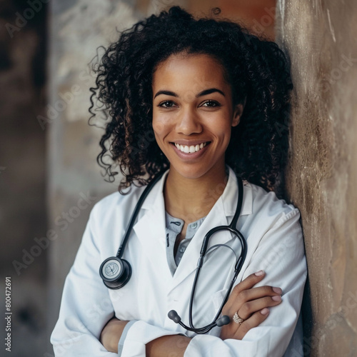 A young OBGYN doctor with stethoscope smiles at the camera outside a hospital before delivering her patient's baby