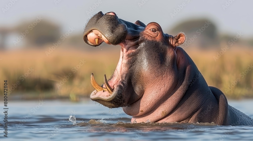 A hippopotamus submerged in water, gapes wide with a fish in its open maw A hippopotamus submerged in water, gapes wide with a fish in its open maw
