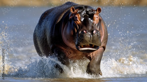   A tight shot of a hippo submerged in water, displaying an open mouth and extended tongue