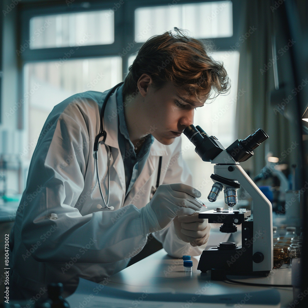 A young scientist and future medical doctor looks through a microscope as he learns how to treat and diagnose infectious diseases A young scientist and future medical doctor looks through a microscope as he learns how to treat and diagnose infectious diseases
