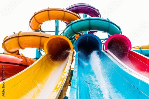 Children's playground equipment with colorful slides and swings on a white background