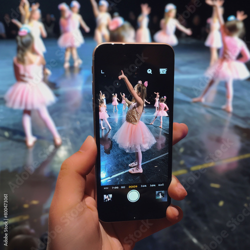 A parent holding their smartphone, recording their child's first ballet dress recital in pink tulle tutus
