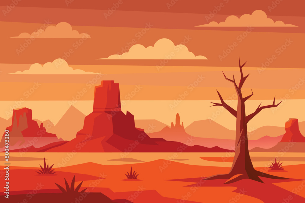 Horizon Sky Western American Dead Tree Vast Desert Landscape vector Illustration design