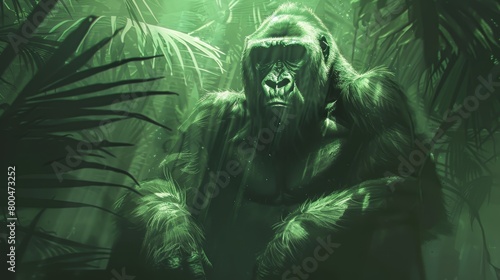  A gorilla stands amidst a lush jungle, surrounded by emerald foliage and towering trees adorned with leaves, basking under the sun