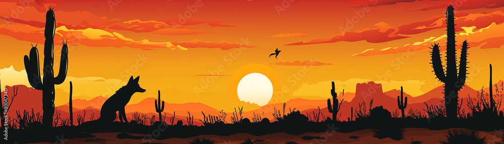 Serene desert landscape at sunset, featuring cacti silhouettes against a fiery sky, a lone fox in the foreground