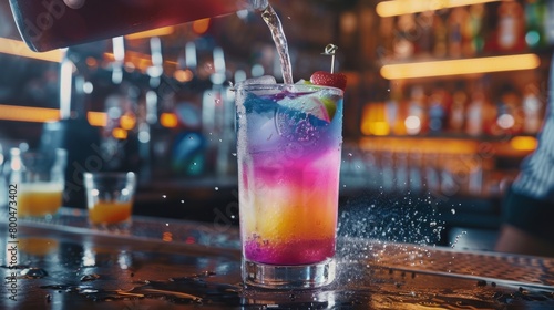 bartender pouring a non-alcoholic cocktail with flair, layering colorful juices and garnishes to create a refreshing and visually stunning drink for teetotalers and designated drivers. photo