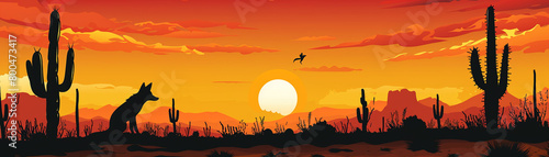 Serene desert landscape at sunset  featuring cacti silhouettes against a fiery sky  a lone fox in the foreground