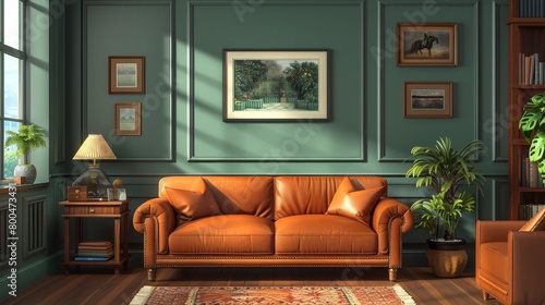 Leather Sofa Living Room: A 3D vector illustration of a leather sofa as the centerpiece of a living room © MAY