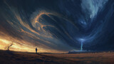 A solitary figure stands beneath a dramatic swirling vortex of storm clouds with a hint of lightning