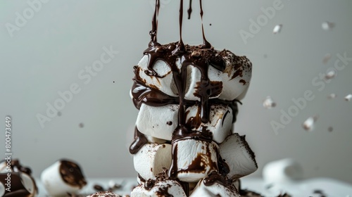contrast of dark chocolate drizzle cascading over a tower of fluffy white marshmallows