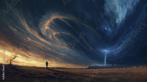 A solitary figure stands beneath a dramatic swirling vortex of storm clouds with a hint of lightning photo