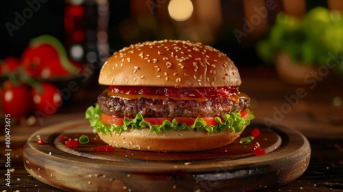 the most beatifull and tasty burger on wooden plate  photo