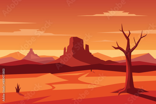 Horizon Sky Western American Dead Tree Vast Desert Landscape vector Illustration design © mobarok8888