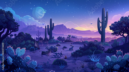 Panoramic view of a desert at dawn, with cacti covered in dew and rabbits frolicking amidst the sparse vegetation photo