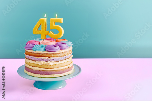 45th birthday cake celebrating 45 years on an isolated, colorful pastel background.