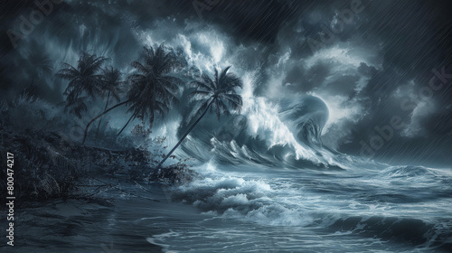 A dramatic monochrome illustration of towering waves engulfing a palm-lined beach photo