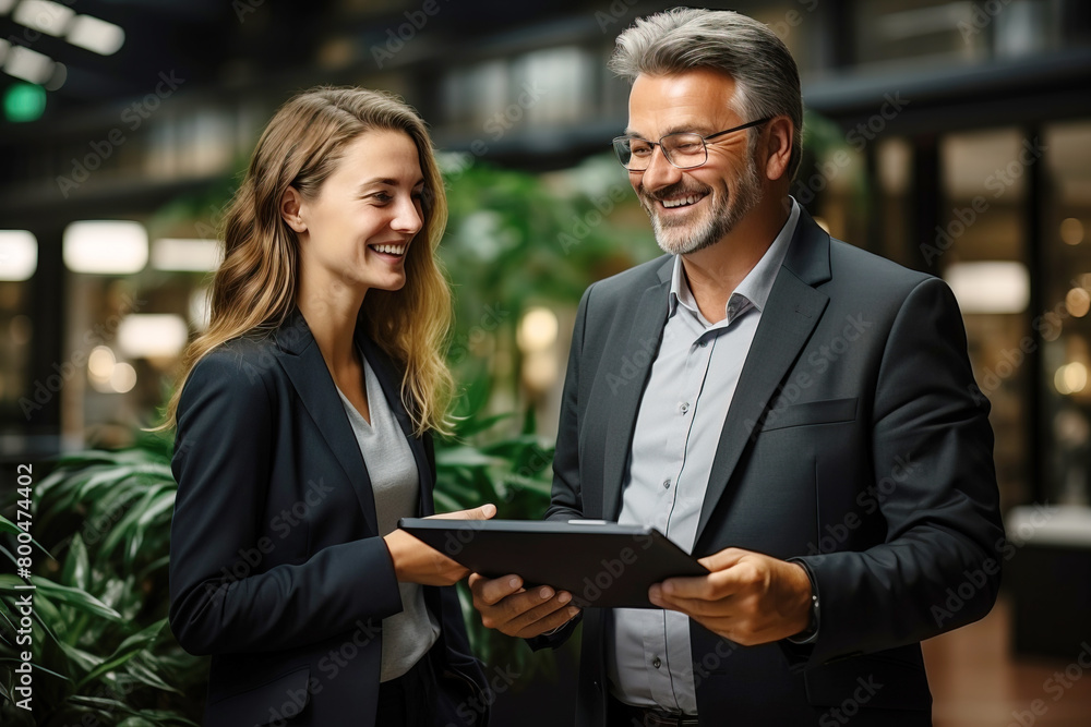 A businessman with a tablet in his hands with a smiling face is talking to his colleague in the office A businessman with a tablet in his hands with a smiling face is talking to his colleague in the office