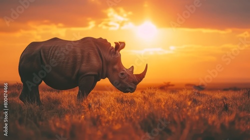   A rhinoceros grazes in a field as the sun sets  with clouds in the foreground