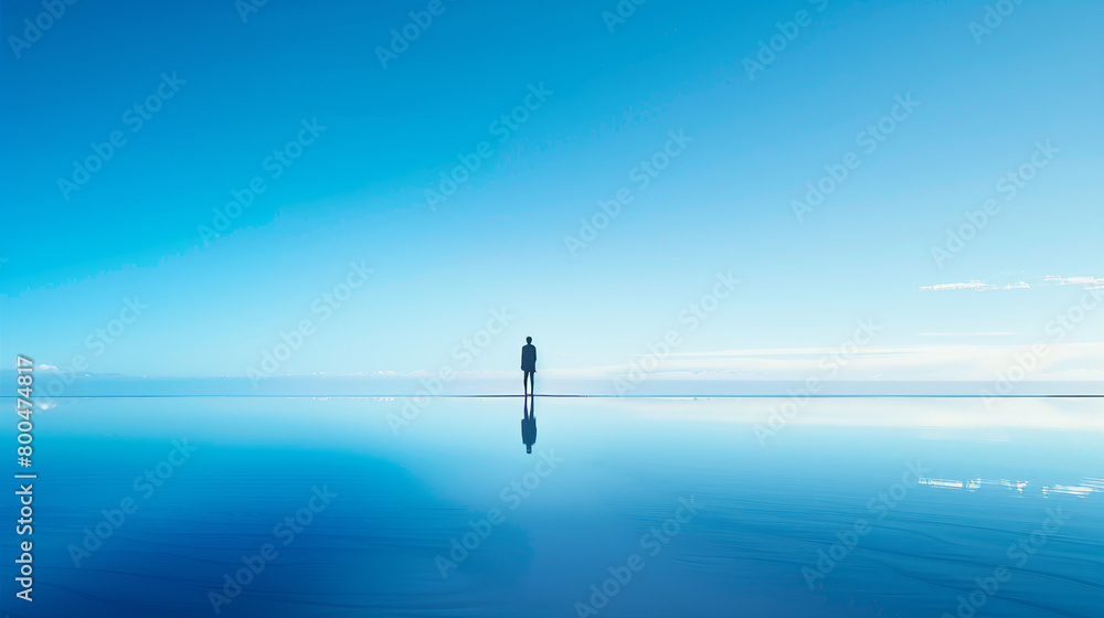 An intriguing image of a lone person standing on a vast reflective water surface, under an expansive blue sky