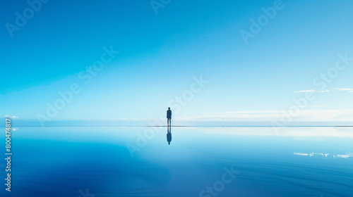 An intriguing image of a lone person standing on a vast reflective water surface, under an expansive blue sky