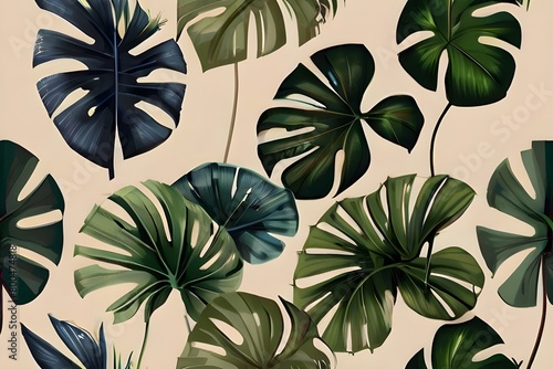 tropical leaves on high stems on a beige background, photo wallpaper, graphic drawing, wallpaper for a room or home interior Generative AI