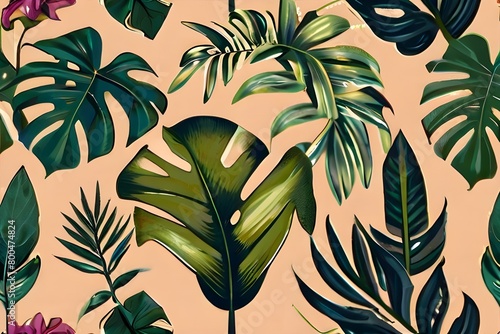 tropical leaves on high stems on a beige background, photo wallpaper, graphic drawing, wallpaper for a room or home interior Generative AI