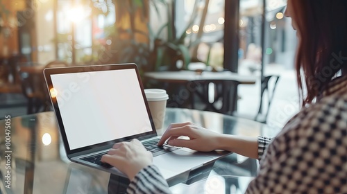 A mockup image depicting a businesswoman using a laptop with a blank white screen, accompanied by a coffee cup, set in a modern loft café.