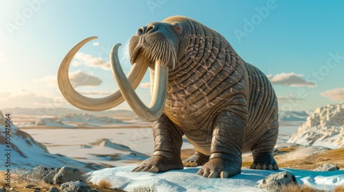   A tall Walrus stands atop a snow-covered ground, adjacent to a mound of rocks and a looming mountain photo