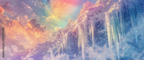 Crystal-clear icicles hanging from the jagged cliffs of a snow-capped mountn  refracting the vibrant colors of a rnbow stretching across the sky.