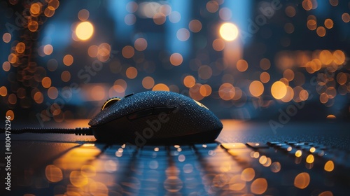  A clear cityscape with lights backdrop, a mouse rests on the table