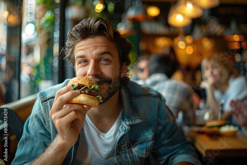 A man in a casual outfit sitting in the café and eating a burger. photo