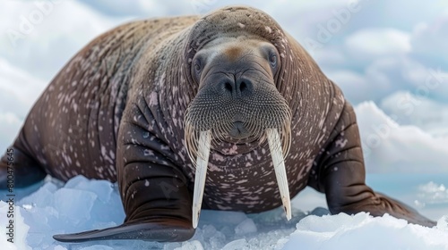  A woolly tapir lying in the snow with its long tusks protruding from its snout