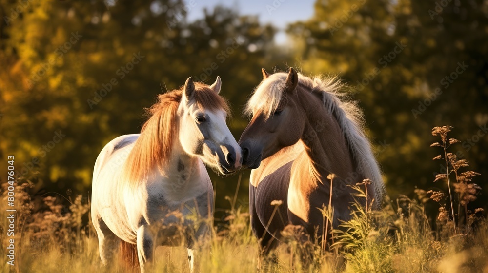 Two horses in the meadow leaned towards each other, showing tenderness and affection Two horses in the meadow leaned towards each other, showing tenderness and affection