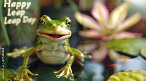 Celebratory Frog Smiling for Happy Leap Day with Festive Background