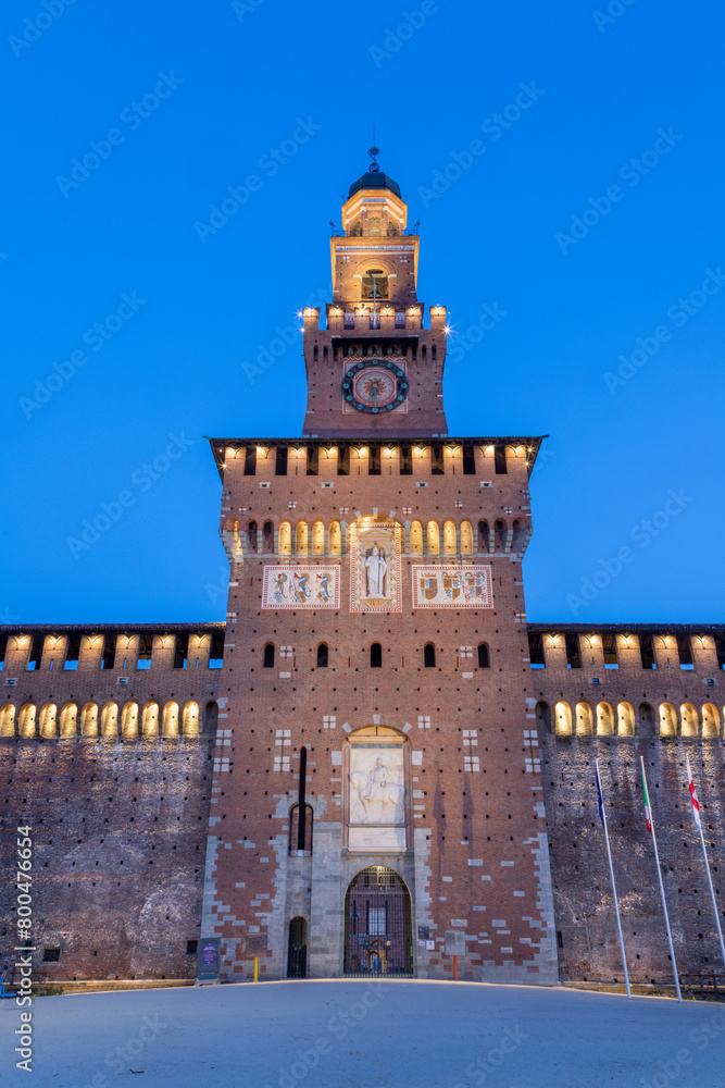 MILAN, ITALY - MARCH 4, 2024: Sforza castle - Castello Sforzesco at dusk