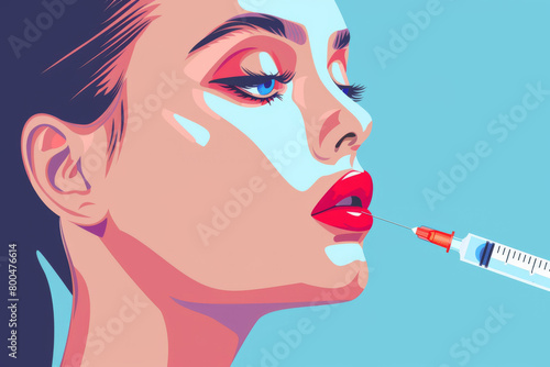 Lips and botox injections. A woman with a filler. Cosmetic procedures and lip augmentation. Hyaluronic acid is injected with a special syringe. photo