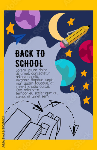 Back to school, online school banner, poster. Yellow backpack with school supplies on the background of a checkered paper with different doodle scientific icons, vector illustration