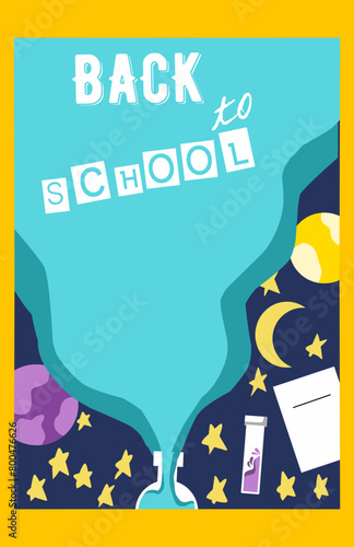 Back to school, online school banner, poster. Yellow backpack with school supplies on the background of a checkered paper with different doodle scientific icons, vector illustration