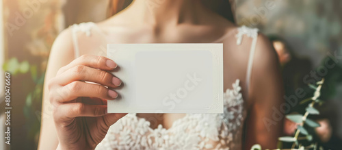 Closeup woman bride in dress holding empty blank business card in hands, mockup with copy space. photo