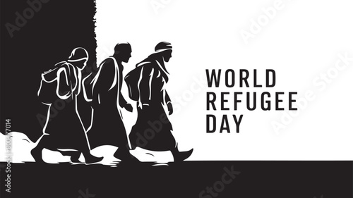 Vector illustration of black Silhouette, palm tree, and sun for World Refugee Day banner and poster template design.