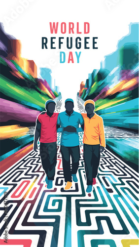 Vibrant Colorful vector illustration of banner template design for World Refugee Day Muslim people walking to seek house.